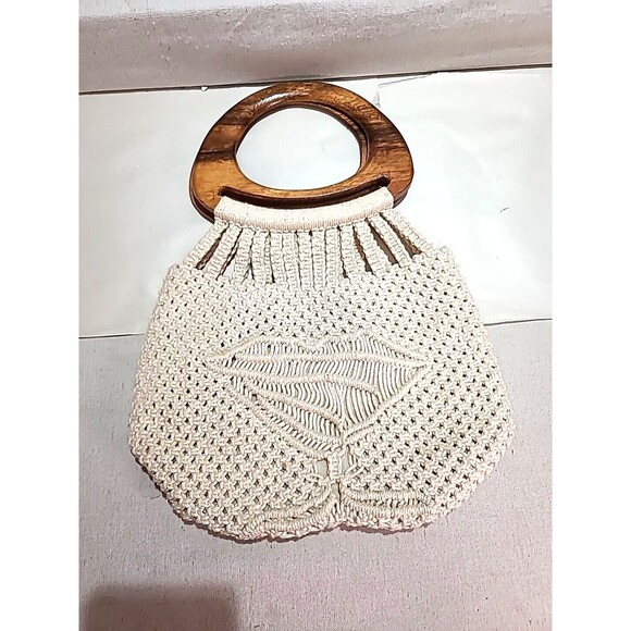 NEW NOS Vintage 1970s Handmade Macrame Purse Pocketbook Bag Wooden Handles MCM - Picture 1 of 8